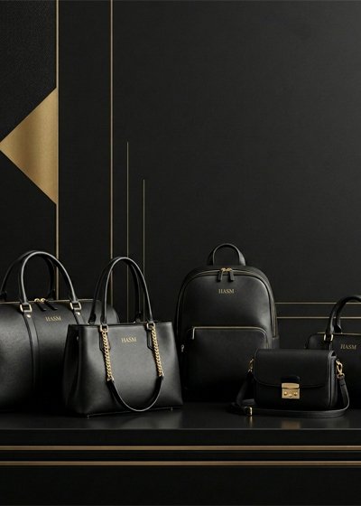 Premium luxury bags on black background with golden lighting